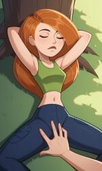 ai_generated ass bigmic145 breasts disney disney_channel kim_possible kimberly_ann_possible navel red_hair sexually_suggestive sleep_molestation sleeping tank_top trousers