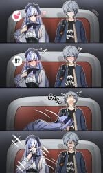 !? 1boy 1girls 4koma ^^^ blue_hair blush breasts center_frills comic female frills grey_hair heart highres implied_erection implied_fellatio kulojawa large_breasts long_hair male pointy_ears recurring_image red_eyes sideboob sparkle spoken_heart spoken_interrobang straight vivian_(zenless_zone_zero) vivian_banshee wiping_mouth wise_(zenless_zone_zero) zenless_zone_zero
