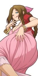 1girls aerith_gainsborough ass breasts brown_hair fair-skinned_female fair_skin female female_only final_fantasy final_fantasy_vii light-skinned_female light_skin looking_at_viewer looking_back manyakis pussy_juice smile solo solo_female tongue_out transparent_background wink