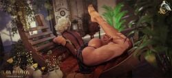 3d ass back_view bubble_butt cd_projekt_red ciri feet female freckles gloves idylla legs_up light-skinned_female lingerie lying_on_stomach scar solo solo_female the_witcher_(series) the_witcher_3:_wild_hunt thong white_hair