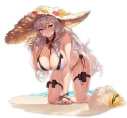 algerie_(azur_lane) algerie_(white_sand_paradise)_(azur_lane) all_fours azur_lane bangle bare_shoulders beach bikini bird blush bracelet breasts brown_bikini cg cleavage closed_mouth detached_collar drill_hair drill_sidelocks female flower full_body grey_hair hair_between_eyes hand_in_own_hair hand_up hat hat_flower jewelry kneeling large_breasts long_hair looking_at_viewer manjuu_(azur_lane) mole mole_on_breast mole_under_eye multi-strapped_bikini multiple_straps official_alternate_costume official_art purple_eyes sidelocks silver_hair skindentation smile solo straw_hat sun_hat sunglasses swimsuit thigh_strap thighs transparent_background two-tone_bikini very_long_hair water wet white_bikini white_hair