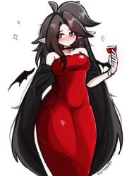 beautiful belly big_breasts black_hair curvy curvy_figure elf elf_ears elf_female elf_girl fluffy_hair goth goth_girl gothic long_hair mistysnugglebug pointy_ears red_dress red_eyes sleepy_(mistysnugglebug) thick_thighs vampire vampire_girl wine wine_glass