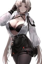 azur_lane belt black_belt black_bra black_choker black_gloves black_pantyhose black_skirt blonde_hair blue_eyes blush bra breasts cg choker cleavage collarbone collared_shirt cowboy_shot cuffs female gloves half_gloves handcuffs headphones high-waist_skirt kronshtadt_(azur_lane) kronshtadt_(begin_the_rush!)_(azur_lane) large_breasts liaowen long_hair long_sleeves looking_at_viewer low_twintails miniskirt mole o-ring official_alternate_costume official_art open_clothes open_shirt pantyhose parted_bangs parted_lips partially_unbuttoned pencil_skirt police_badge puffy_sleeves shirt shirt_tucked_in short_hair simple_background skirt solo standing thigh_strap twintails underwear very_long_hair white_background white_hair white_shirt