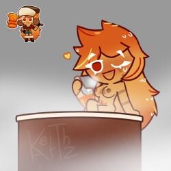 accurate_art_style acer_wood_cookie artzkeith axe bathtub big_breasts bottle breasts cookie_run drunk hot_spring maple_leaf maple_syrup nude nude_female one_eye_closed orange_hair original_character pubic_hair reference_image solo solo_focus steam tagme wink