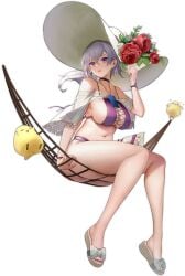 azur_lane bare_shoulders bikini bird black_background blush breasts cellphone cg chick choker cleavage collarbone criss-cross_halter cross-laced_clothes earrings female flower full_body grey_hair hair_between_eyes halterneck hammock hand_on_headwear hat hat_flower holding jewelry large_breasts large_hat legs long_hair looking_at_viewer low_ponytail manjuu_(azur_lane) mole_on_breast nail_polish navel off_shoulder official_alternate_costume official_art parted_lips phone purple_bikini purple_choker purple_eyes red_flower reno_(azur_lane) reno_(summer_spin-off)_(azur_lane) sandals see-through sideboob silver_hair sitting smartphone smile solo stomach sun_hat swimsuit thighs toenail_polish toenails toes transparent_background white_bow white_headwear