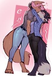 2025 4_toes absurd_res anthro ass biped blush bottomwear braided_hair breasts brown_body brown_fur brown_tail canid canine claws clothed clothed_anthro clothed_female clothing cocoline_(artist) digital_drawing_(artwork) digital_media_(artwork) duo feet female finger_claws finger_fuck fingering fingers fully_clothed fully_clothed_anthro fully_clothed_female fur grey_hair grey_tail hair hand_in_pants hi_res kissing long_hair mammal open_clothing open_topwear pants pink_hair shirt simple_background standing tail toe_claws toes topwear vaginal_penetration
