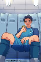 1boy bench black_hair blue_eyes blush ceiling ceiling_light cellphone fully_clothed gay hand_on_crotch hi_res holding_object holding_phone kanbe_chuji_(sushipuri) legs_apart locker locker_room looking_at_phone low-angle_view male male_only masturbation mature_male rubbing rubbing_penis see-through seiji_fujishiro short_hair sitting sitting_on_bench smartphone soccer_jersey soccer_uniform socks solo spread_legs steam steamy_breath sweat sweatdrop translucent watching_porn whistle! yaoi young