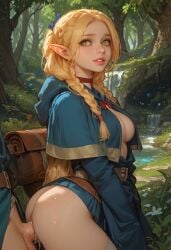 1boy 1girls ai_generated blonde_hair cloth clothing dungeon_meshi elf forest_background green_eyes long_hair marcille_donato onna_exe sex twintails vaginal_penetration vaginal_sex
