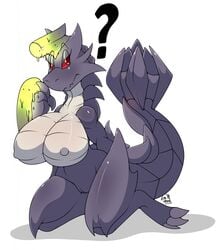 2016 ? anthro big_breasts brachydios breasts brute_wyvern capcom female kingbeast monster_hunter nipples nude red_eyes simple_background solo video_games white_background