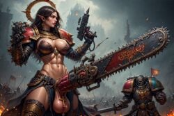 abs ai_generated balls battle big big_balls big_breasts chainsaw chainsaw_penis cross crucifix depraved247 futanari gigantic_breasts intersex muscular nipple_piercing penis_weapon sister_of_battle warhammer_40k weapon