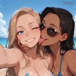 2girls ai_generated beach bikini face_lick interracial large_breasts licking_another's_face licking_face looking_at_viewer pasart selfie yuri