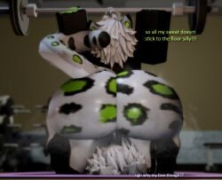 3d 3d_(artwork) ass ass_bigger_than_head ass_focus big_ass dialogue english_text facesitting green_spots gym looking_away luvia_(mermio) mermio musk_clouds original_character roblox robloxian size_difference snow_leopard sweat sweat_on_face sweatdrop sweaty_ass sweaty_butt tagme text weightlifting white_hair