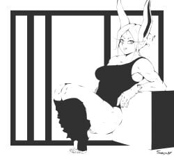 black_and_white bunny_ears bunny_girl female gloves leg_warmers long_eyelashes mirko miruko muscular_female my_hero_academia rabbit_ears rabbit_girl rumi_usagiyama