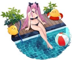 azur_lane bare_arms bare_legs bare_shoulders barefoot bikini bird black_background black_bikini black_bow black_choker blue_bikini blush bow breasts cg chick choker cleavage collarbone feet female frilled_bikini frills full_body hairbow halterneck hose innertube la_galissonniere_(azur_lane) la_galissonniere_(pristine_piscene)_(azur_lane) large_breasts legs long_hair looking_at_viewer manjuu_(azur_lane) nail_polish navel official_alternate_costume official_art open_mouth pink_eyes pink_hair plant pool poolside purple_eyes sidelocks simple_background sitting soaking_feet solo stomach swim_ring swimsuit thighs toenail_polish toenails toes transparent_background twintails very_long_hair water