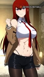 abs ai_generated bare_shoulders black_panties black_pantyhose black_shorts blue_eyes blurry blurry_background blush breast_pocket breasts brown_jacket brown_pantyhose closed_mouth collared_shirt cosplay cowboy_shot crop_top cropped_shirt female hair_between_eyes hand_up highleg highleg_panties indoors jacket lamp large_breasts long_hair long_sleeves looking_at_viewer makise_kurisu medium_breasts meitabuu midriff muscular muscular_female navel necktie off_shoulder open_clothes open_jacket panties panty_straps pantyhose pantyhose_under_shorts pocket purple_eyes red_hair red_necktie shirt short_shorts shorts sleeveless sleeveless_shirt smile solo standing steins;gate steins;gate_0 stomach straight_hair thong toned underwear white_shirt