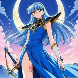 1boy 90s ai_generated balls blue_eyes blue_hair dress femboy flat_chest genderswap_(ftm) hairband holding_weapon long_hair magic_knight_rayearth male moon pauldrons penis retro_artstyle rule_63 sky solo sword tagme tehmar trap umi_ryuuzaki