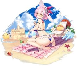 ahoge anklet ass azur_lane back bare_shoulders barefoot beach beach_chair bikini bird blue_bikini blue_hair blue_sky blush bracelet braid braided_bangs breasts butt_crack cg chick choker cloud cross cup day drink drinking drinking_glass drinking_straw earrings feet female finger_to_mouth flower food frilled_bikini frills from_behind fruit full_body hair_flower hair_ornament halterneck hat holding horizon jewelry large_breasts looking_at_viewer looking_back manjuu_(azur_lane) multi-strapped_bikini multicolored_hair nail_polish ocean official_alternate_costume official_art outdoors pink_hair popsicle sand sand_castle sand_sculpture short_hair shovel sitting skindentation sky soles solo starfish streaked_hair sun_hat sunglasses swimsuit tartu_(azur_lane) tartu_(overthinking_summer)_(azur_lane) thigh_strap thighs thong_bikini toes towel transparent_background tropical_drink umbrella wariza water watermelon white_flower white_headwear yellow_eyes