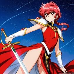 1boy 90s ai_generated balls braid dress femboy flat_chest genderswap_(ftm) hikaru_shidou holding_weapon magic_knight_rayearth male night pauldrons penis red_eyes red_hair retro_artstyle rule_63 sky solo stars sword tagme tehmar trap