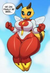 2025 ai_generated anthro arthropod bee big_breasts black_sclera blue_eyes blush bodily_fluids breasts cleavage clothed clothing cloud curvy_figure dialogue english_text female flying furry handwear hellsonger hi_res hymenopteran insects looking_at_viewer nintendo non-mammal_breasts omni_man_(cosplay) open_mouth pokemon pokemon_(species) sky solo solo_female speech_bubble sweat text thick_thighs tight_clothing voluptuous wide_hips wings