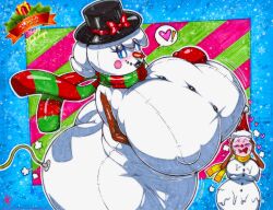 absurd_res animate_inanimate big_breasts breasts christmas christmas_clothing christmas_headwear christmas_tree clothing duo female headgear headwear hi_res holidays hose hose_inflation humanoid inflatable inflation living_inflatable melting nipple_outline plant scarf snow snowflake snowman traditional_media_(artwork) tree walter_sache