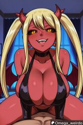 1boy 1girls ai_generated bed bedroom bedroom_sex big_breasts blonde_female blonde_hair breasts choker corrupted corruption cowgirl_position demon demon_girl demon_on_demon dress earrings evil_grin evil_smile faceless_male fairy_tail female glowing_eyes huge_breasts indoors indoors_sex long_hair looking_at_viewer lucy_heartfilia male muscular muscular_male omega_weirdo open_mouth orange_eyes patreon pov pov_sex red_skin sex slit_pupils smile smiling smiling_at_viewer straddling succubus succubus_horns succubus_wings twintails