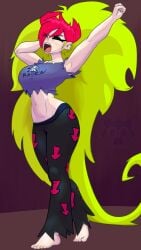 abs big_breasts cartoon_network demencia_(villainous) evil_raccoon fangs feet long_hair muscles muscular muscular_female pale_skin pijama villainous yawn