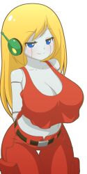 1:2 1girls alpha_channel android belt blonde_hair blue_eyes breasts cave_story curly_brace doukutsu_monogatari earpiece eyes_half_closed female for_sticker_use hair looking_at_viewer manyakis mike_inel navel pants png red_outfit sticker_template transparent_background transparent_png