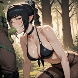 1boy 1girls baldur's_gate_3 blush bra braid braided_hair cum_in_mouth fellatio fishnet_legwear forgotten_realms green_eyes kneeling looking_at_viewer medium_breasts oral orc_male outdoors penis_in_mouth pointy_ears scar shadowheart sucking_penis trembling