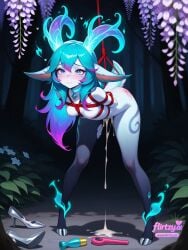 ai_assisted ai_generated animal_ears antlers arms_behind_back bamboo bent_over black_legwear blue_eyes blush bondage bondage bondage bound branch breasts coral cum cum_pool cumdrip dildo female flirtzy.ai flower forest grass high_heels hydrangea leaf leaning_forward lily_(flower lily_pad long_hair lotus multicolored_hair nature nipples nose_blush outdoors palm_tree pink_hair plant potted_plant purple_flower pussy_juice rope shoes snail solo standing symbol-shaped_pupils tail tanabata tree watering_can white_flower wisteria