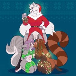 ailurid anthro arms_tied blue_background bodily_fluids bound breasts canid canine christmas christmas_clothing christmas_headwear closed_eyes clothing domestic_cat dominant dominant_anthro dominant_female felid feline felis female female/female fff_threesome fox genital_fluids genitals group group_sex hands_behind_back hat headgear headwear hi_res holidays kiss_on_lips kneeling legs_tied mammal nipples red_panda santa_hat sex simple_background sinisterheaven standing submissive submissive_anthro submissive_female threesome trio vaginal_fluids vulva
