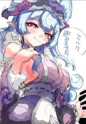 apron bare_shoulders black_bow blue_hair blush bow breasts censored dang0r0moti female frilled_hairband frills gem genshin_impact hair_between_eyes hairband hand_on_own_chest japanese_clothes kimono large_breasts long_hair long_sleeves nihongami open_mouth pink_kimono pink_sleeves pointy_ears purple_eyes purple_gemstone sideboob signature sitting sleeveless sleeveless_kimono solo symbol-shaped_pupils very_long_hair white_apron yumemizuki_mizuki