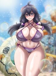 @_@ ahoge artist_name bikini black_eyes black_hair blush breasts bubble cleavage curvy day female female_focus fenrox flower gen_7_pokemon gluteal_fold grey_bikini hair_between_eyes hair_flower hair_ornament hairband hex_maniac highres holding huge_breasts innertube jewelry long_hair looking_at_viewer matching_hair/eyes mimikyu navel necklace nintendo outdoors pokemon pokemon_xy sidelocks signature solo standing summer sweat swim_ring swimsuit thick_thighs thigh_gap thighs waterpark wavy_mouth wide_hips