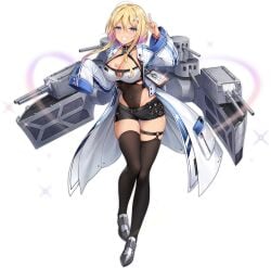 ahoge azur_lane black_choker black_shorts black_thighhighs blonde_hair blue_eyes blue_hair blush breast_tattoo breasts cannon cg choker cleavage coat collarbone covered_navel female full_body grin gyaru hair_between_eyes hair_ornament hairclip id_card jewelry large_breasts leotard leotard_under_clothes long_sleeves looking_at_viewer machinery marblehead_(azur_lane) multicolored_hair navel_piercing official_art open_clothes open_coat piercing pink_hair rigging shoes short_hair short_hair_with_long_locks short_shorts shorts sidelocks skindentation smile solo standing streaked_hair tattoo thigh_strap thighhighs transparent_background turret two-tone_hair v white_coat