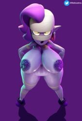 3d bandage big_breasts boots boots_only brawl_stars breasts earrings emz_(brawl_stars) female lipstick looking_at_viewer malteadota purple_hair purple_skin solo tagme thick_thighs