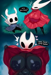 1boy 1girls 2025 absurd_res ai_generated anthro areola arthropod big_areola big_breasts big_nipples black_body blush breasts clothed clothing dialogue duo english_text erect_nipples fecharis female genitals heart hellsonger hi_res hollow_knight hornet_(hollow_knight) huge_breasts insects larger_female male nipples protagonist_(hollow_knight) puffy_areola size_difference team_cherry text weapon