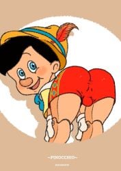 1boy 2d 2d_(artwork) ass ass_expansion ass_focus ass_up asshole back_view balls bananapop big_ass big_ass_(male) black_hair blue_eyes blush butt_crack butt_focus buttocks cheek_bulge cheek_tuft cheeks disney gay gay_male gloves homosexual marionette pants pinocchio pinocchio_(character) presenting_anus presenting_ass puppet smile smiley_face submissive white_body white_skin wood young younger_male