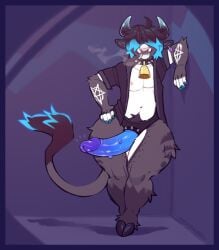 alternative_fashion anthro bovid bovine brown_body brown_fur cattle cigarette cigarette_in_mouth clothed clothing collar dildo emo fur hair hair_over_eyes hooves horn jacket male mammal nipples object_in_mouth open_clothing open_jacket open_topwear purple_background sex_toy short_stack simple_background sinisterheaven smoking smoking_cigarette solo standing strapon tail tail_tuft thick_thighs topwear tuft