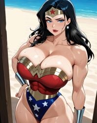 2025 ai_generated beach_background black_eyebrows black_hair_female black_long_hair blue_eyes_female bracelets dc_comics golden_headband hero_outfit instagram long_hair looking_at_viewer meta red_lipstick silver_bracelet star_earrings unknown_artist wet_body wet_clothes wet_skin wonder_woman wonder_woman_(series)
