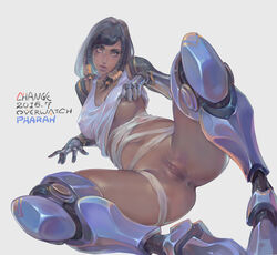 ! 2016 absurdres anus artist_name black_hair bottomless braid breasts change_(artist) dark-skinned_female dark_skin dated facial_tattoo female greaves highres looking_at_viewer medium_breasts nipple_slip nipples one_breast_out overwatch pharah pussy shirt_lift signature simple_background solo tattoo tied_hair white_background