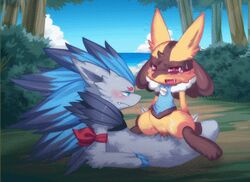 alternate_color armband beach blue_eyes blush claws cowgirl_position female forest larger_male lucario male nintendo nongqiling on_top open_mouth outside penetration penis pokemon pokemon_(species) pussy red_eyes saliva seaside sex shiny_lucario shiny_pokemon sitting size_difference smaller_female straight sweat tears tree vaginal_penetration video_games wide_hips zoroark