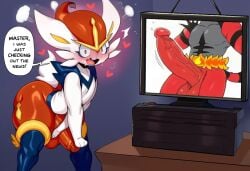 2025 absurd_res ai_generated anthro balls big_balls big_penis blush bodily_fluids cinderace clothing dialogue duo english_text erection foreskin generation_7_pokemon generation_8_pokemon genitals girly glans heart hellsonger hi_res huge_cock humanoid_genitalia humanoid_penis incineroar lagomorph male mammal nintendo penis pokemon pokemon_(species) pornography solo sweat text thick_thighs vein veiny_penis