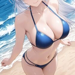 2025 ai_generated beach_background belly blue_bikini instagram looking_at_viewer meta open_mouth open_mouth smile_at_viewer smiling_at_viewer ten01c tummy unknown_character white_hair_female