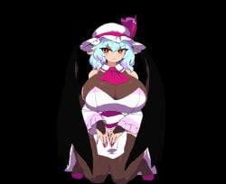 animated ascot bangs bare_shoulders bat_wings black_background black_thighhighs blue_hair breasts cleavage closed_mouth detached_sleeves dress female fingernails full_body hat hat_ribbon huge_breasts kneeling light_blue_hair long_fingernails looking_at_viewer medium_hair mob_cap namako_(takorin) pointy_ears red_ascot red_eyes red_nails remilia_scarlet ribbon sharp_fingernails short_hair simple_background solo takorin thighhighs touhou white_dress white_headwear wide_sleeves wings