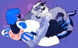 anthro anthro_on_anthro anthro_penetrated anthro_penetrating anthro_penetrating_anthro belly big_belly big_muscles big_pecs blue_background blue_hair blush blush_lines dragon duo hair hi_res horn lying male male/male male_penetrated male_penetrating male_penetrating_male muscular mythological_creature mythological_scalie mythology nude_anthro nude_male on_back open_mouth pecs penetration purple_background scalie sex simple_background sinisterheaven