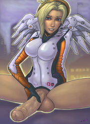 1futa 2d 34-san artist_name balls blonde_futa blonde_hair blonde_hair_blue_eyes blue_eyes bodysuit color dead_source erection foreskin futa_only futanari german_futa halo hand_on_own_penis huge_cock intersex large_penis light-skinned_futa light_skin looking_at_viewer mercy overwatch penis solo testicles uncircumcised video_game_character video_game_franchise white_skin wings