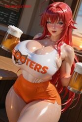 ai_generated beer high_school_dxd hooters hooters_uniform huge_breasts patreon restaurant rias_gremory thick_thighs ul7990