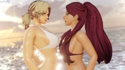 2girls 3d alternate_costume armpits bare_arms bare_shoulders beach bikini blonde_hair blue_eyes braid breasts brown_eyes brown_hair catherine_(fire_emblem) dark-skinned_female dark_skin dochaunt24 female female_only fire_emblem fire_emblem:_three_houses grin half-closed_eyes imminent_sex long_hair looking_at_another medium_breasts medium_hair multiple_girls navel nintendo ocean open_mouth outdoors petra_macneary ponytail post-timeskip purple_bikini purple_hair purple_swimsuit shoulders sideboob sidelocks smile sparring stomach student sunset swimsuit teacher teacher_and_student textless_version training upper_body very_long_hair white_bikini white_swimsuit yuri