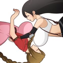 2d 2girls aerith_gainsborough ass black_hair bra breasts brown_hair cleavage color colored earrings fair-skinned_female fair_skin female female_only final_fantasy final_fantasy_vii fingerless_gloves gloves light-skinned_female light_skin lingerie long_hair looking_at_viewer looking_back manyakis navel orange_eyes pale-skinned_female pale_skin panties pussy_juice red_gloves seductive smile tagme tifa_lockhart tongue_out transparent_background underwear upskirt white_bra white_panties wink