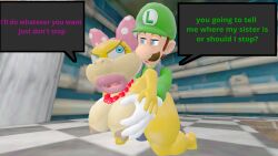 1boy 1girls 3d anthro anthro_on_anthro big_breasts blue_eyes bow bow_on_head breasts clothing dialogue doggy_style duo eye_contact female gloves green_hat green_shirt hand_on_breast hat huge_breasts indoors interspecies koopa koopaling large_breasts looking_at_another luigi male male/female mammal mario_(series) nintendo nipples open_mouth penis_in_pussy pink_bow reptile scalie sex silverknight395 straight straight_sex super_mario_bros. text text_bubble wendy_o._koopa white_gloves
