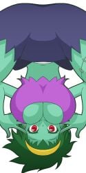 1girls belly_button choker earrings female fully_clothed green_hair green_skin manyakis pose red_eyes rottytops shantae smiling smooth_skin tank_top upside-down zombie_girl